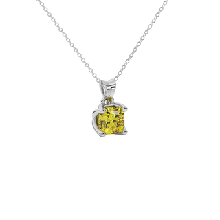 Close-up shot of a radiant-cut canary yellow gemstone in a white gold tulip basket pendant setting.
