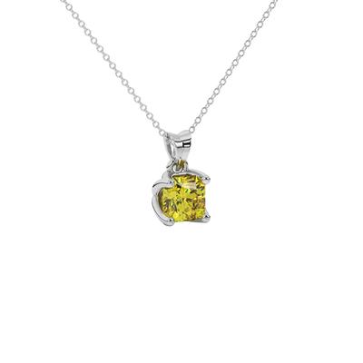 Close-up shot of a radiant-cut canary yellow gemstone in a white gold tulip basket pendant setting.