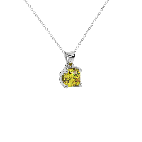 Close-up shot of a radiant-cut canary yellow gemstone in a white gold tulip basket pendant setting.
