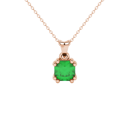 Radiant-cut emerald green gemstone pendant in a rose gold vintage basket setting.