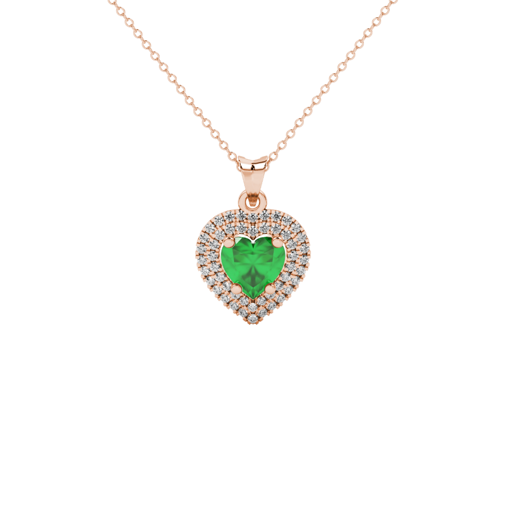 Emerald Green heart cut gemstone double halo pendant in rose gold