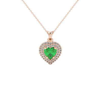 Emerald Green heart cut gemstone double halo pendant in rose gold