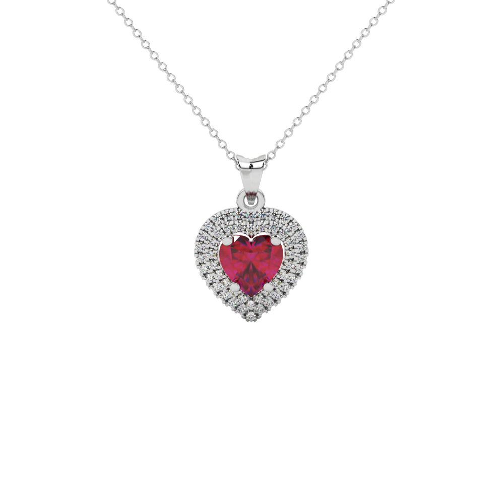 Raspberry Red heart cut gemstone double halo pendant in white gold