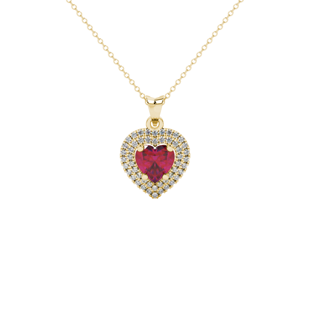 Raspberry Red heart cut gemstone double halo pendant in white gold