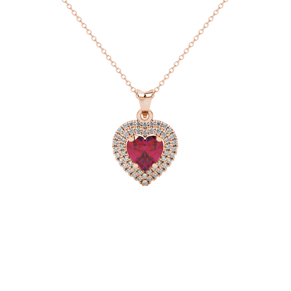Raspberry Red heart cut gemstone double halo pendant in white gold