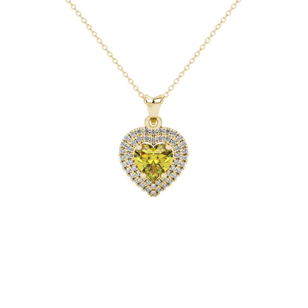 Canary Yellow heart cut gemstone double halo pendant in rose gold