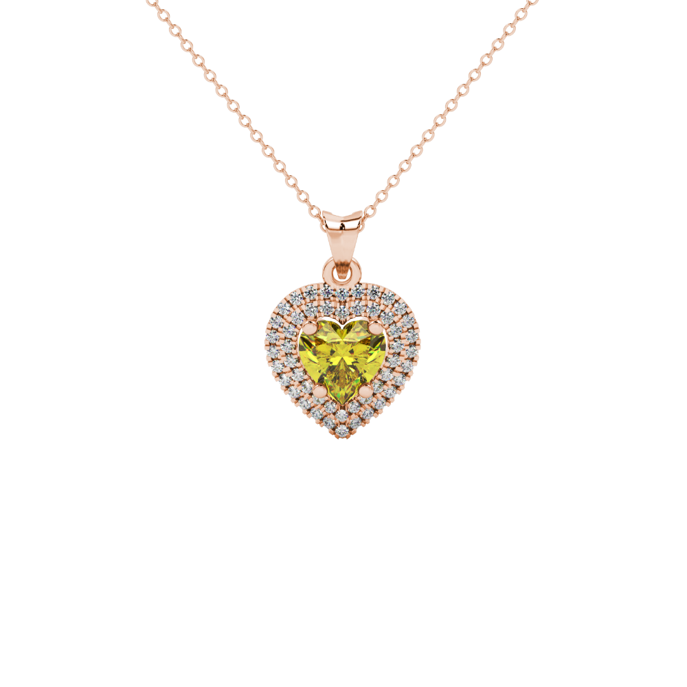 Canary Yellow heart cut gemstone double halo pendant in rose gold