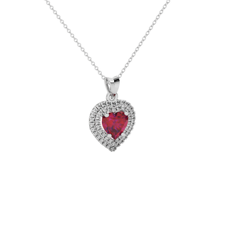 Raspberry Red heart cut gemstone double halo pendant in white gold