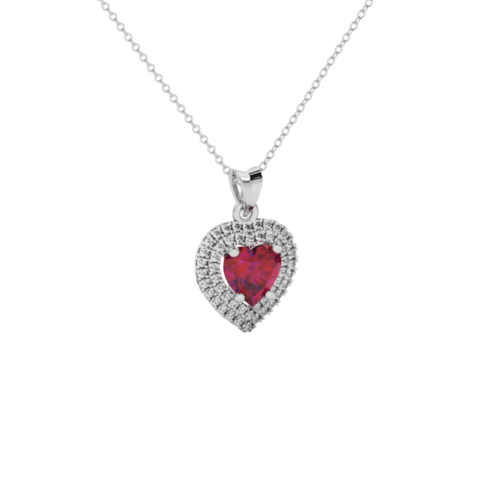 Raspberry Red heart cut gemstone double halo pendant in white gold