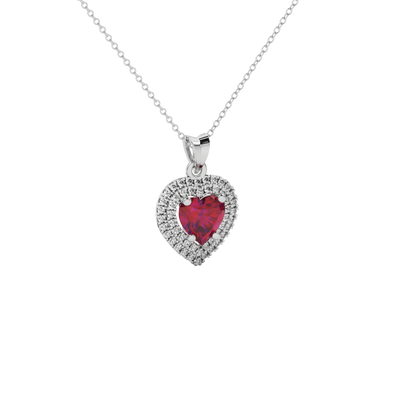 Raspberry Red heart cut gemstone double halo pendant in white gold