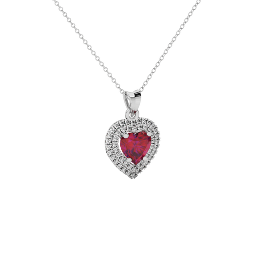 Raspberry Red heart cut gemstone double halo pendant in white gold