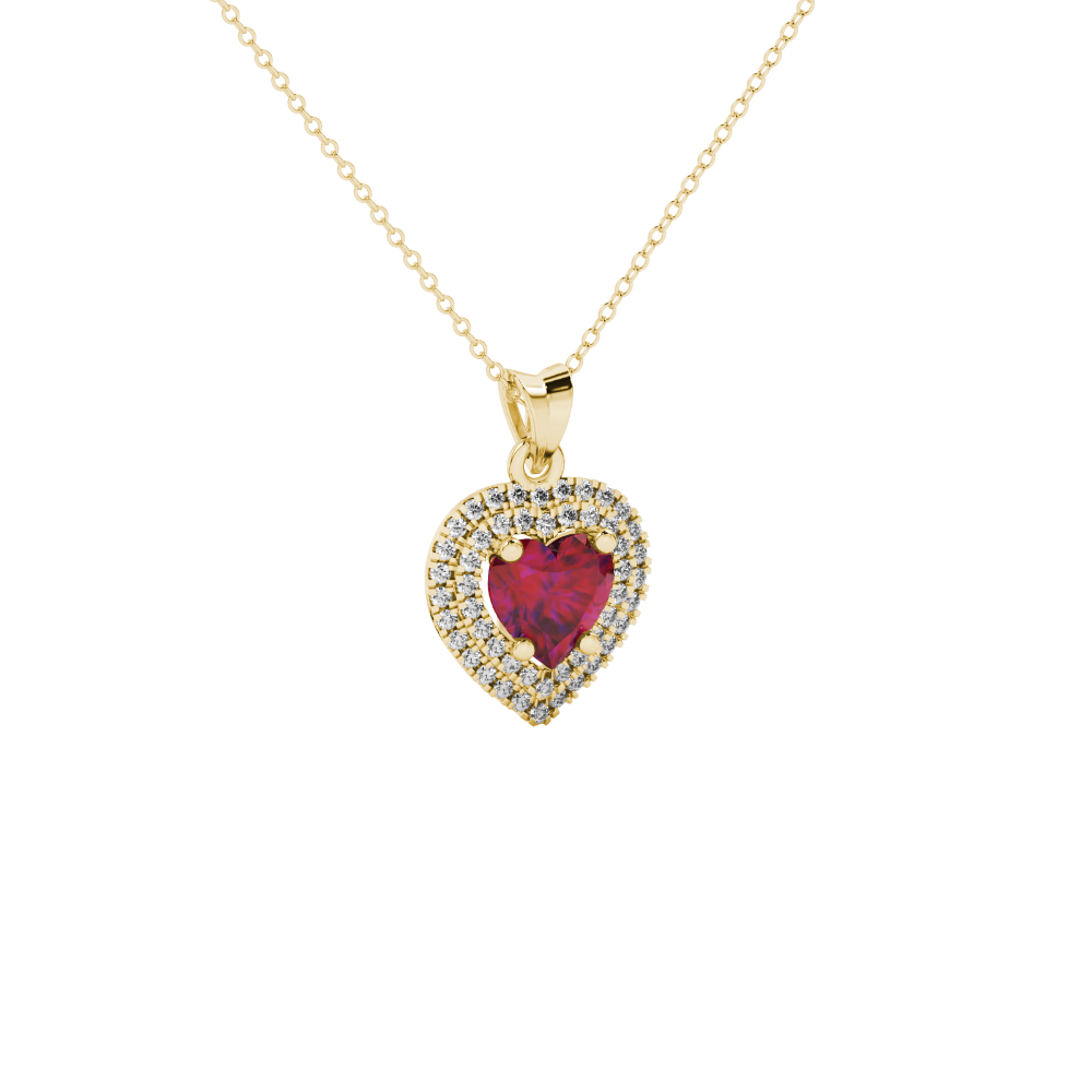 Raspberry Red heart cut gemstone double halo pendant in white gold