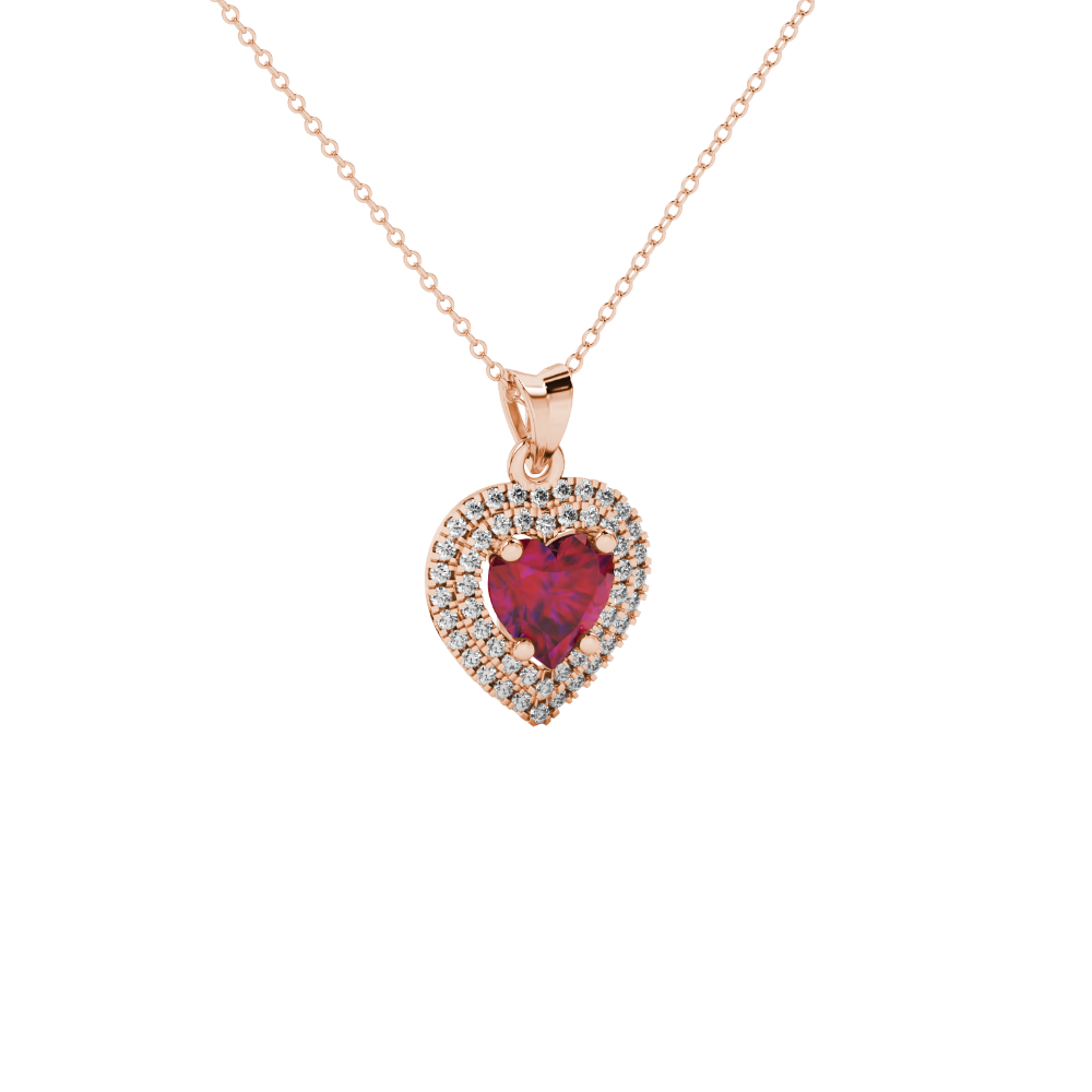 Raspberry Red heart cut gemstone double halo pendant in white gold