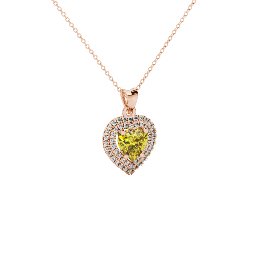 Canary Yellow heart cut gemstone double halo pendant in rose gold