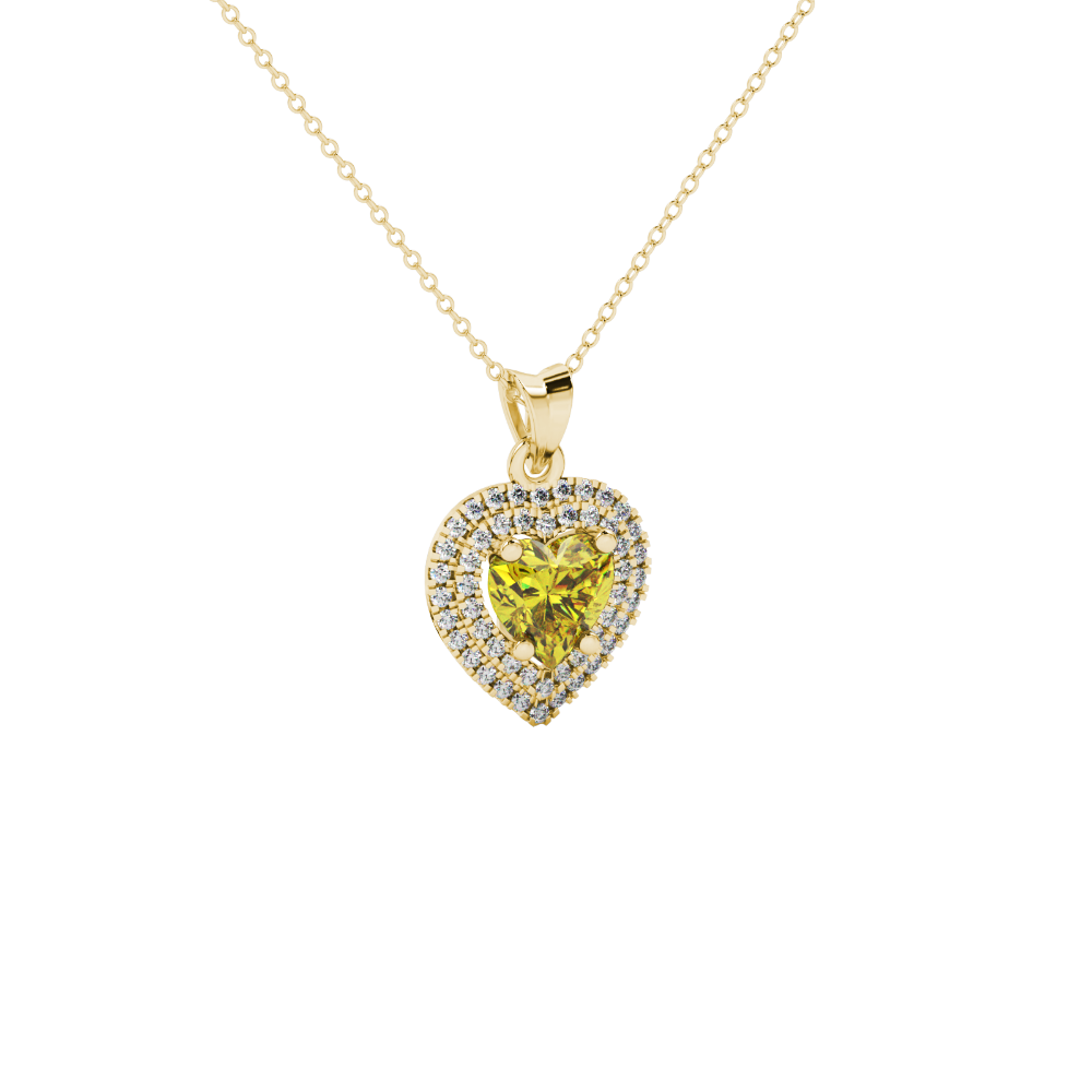 Canary Yellow heart cut gemstone double halo pendant in rose gold