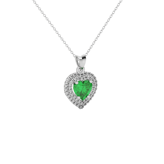 Emerald Green heart cut gemstone double halo pendant in rose gold