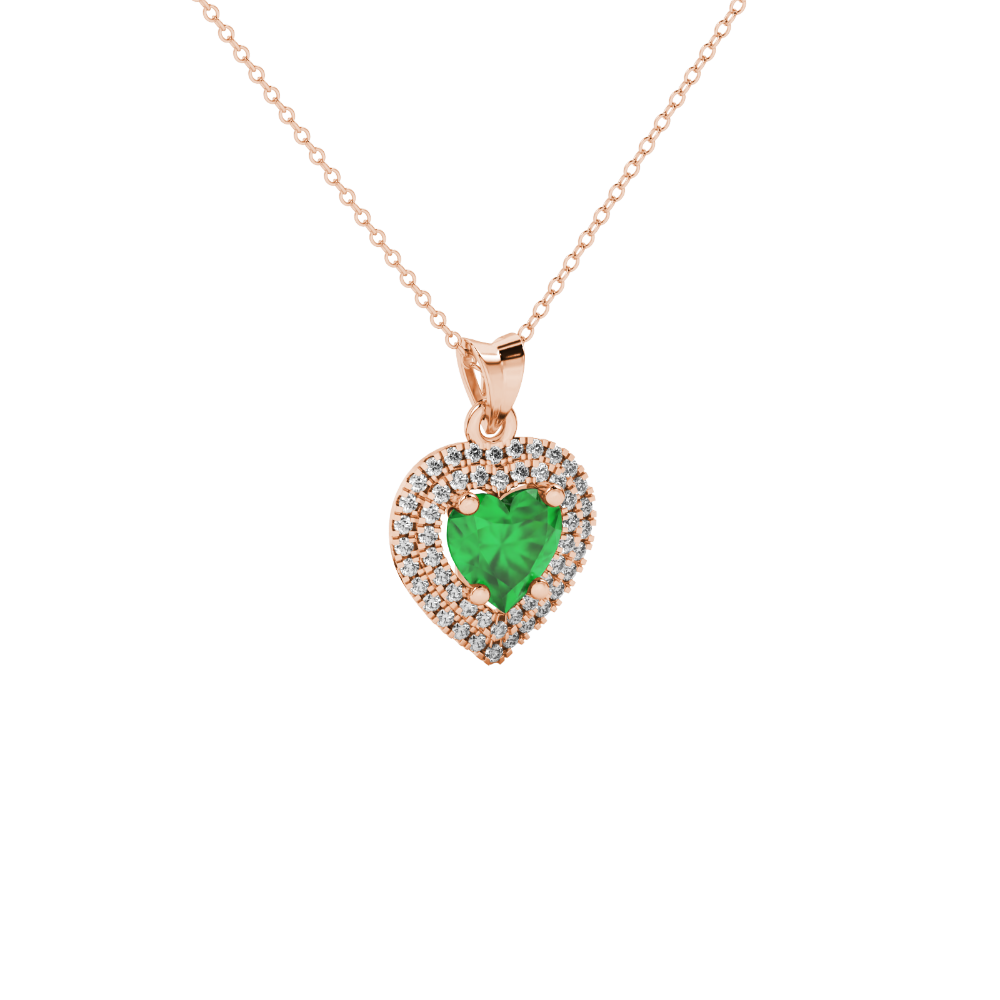 Emerald Green heart cut gemstone double halo pendant in rose gold