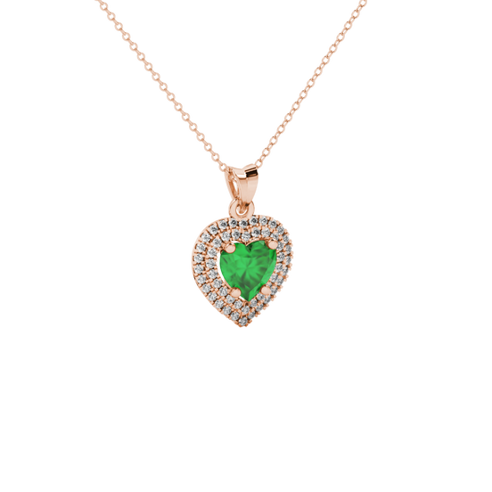 Emerald Green heart cut gemstone double halo pendant in rose gold