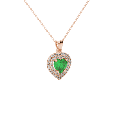 Emerald Green heart cut gemstone double halo pendant in rose gold