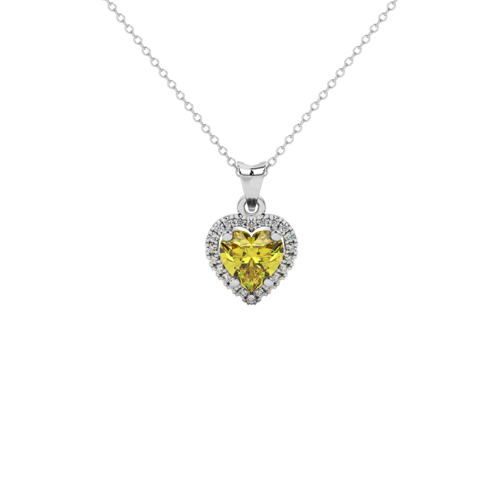 Canary Yellow heart cut gemstone halo pendant in white gold