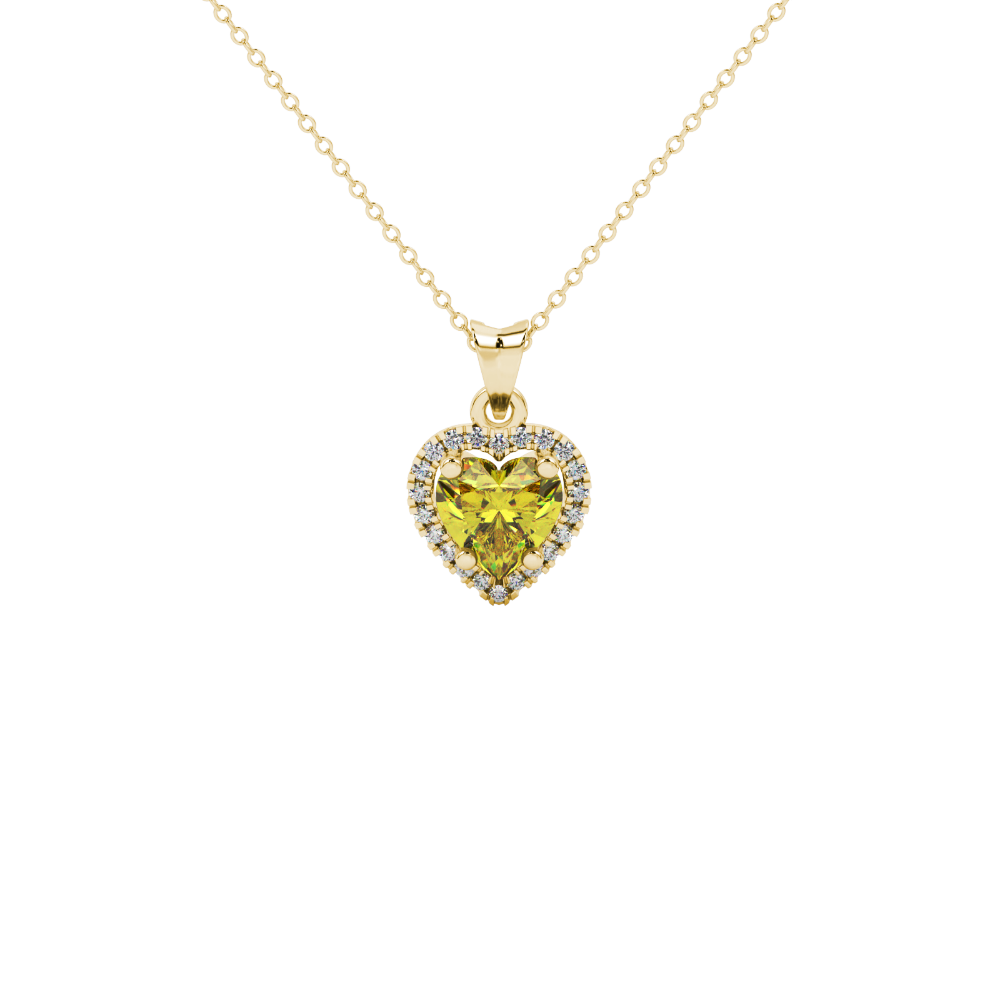 Canary Yellow heart cut gemstone halo pendant in yellow gold