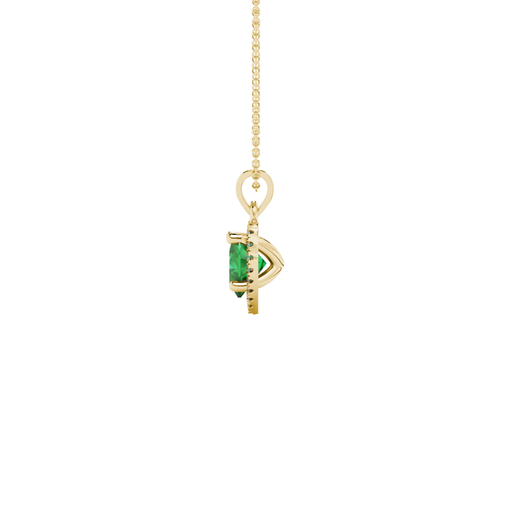 Side view of Emerald Green heart cut gemstone halo pendant in yellow