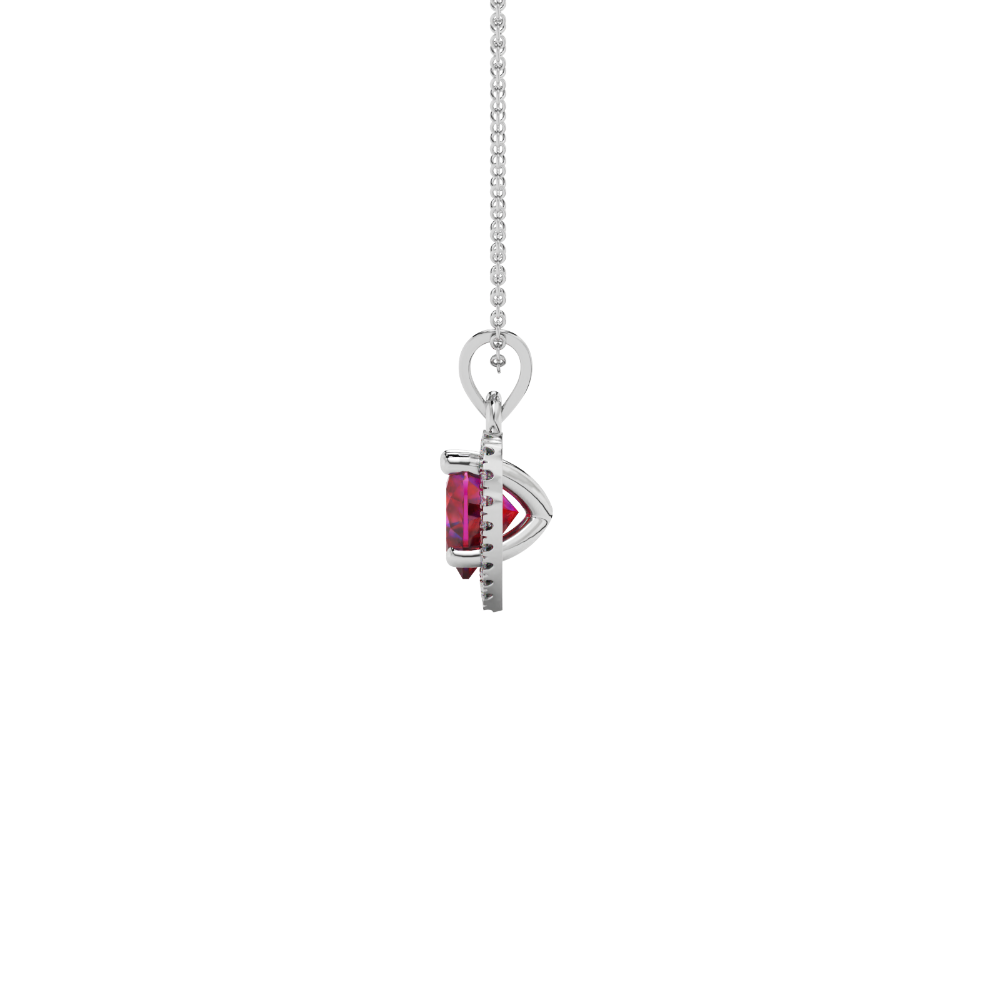 Side view of Raspberry Red heart cut gemstone halo pendant in white gold