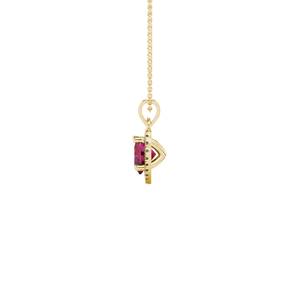 Side view of Raspberry Red heart cut gemstone halo pendant in yellow gold