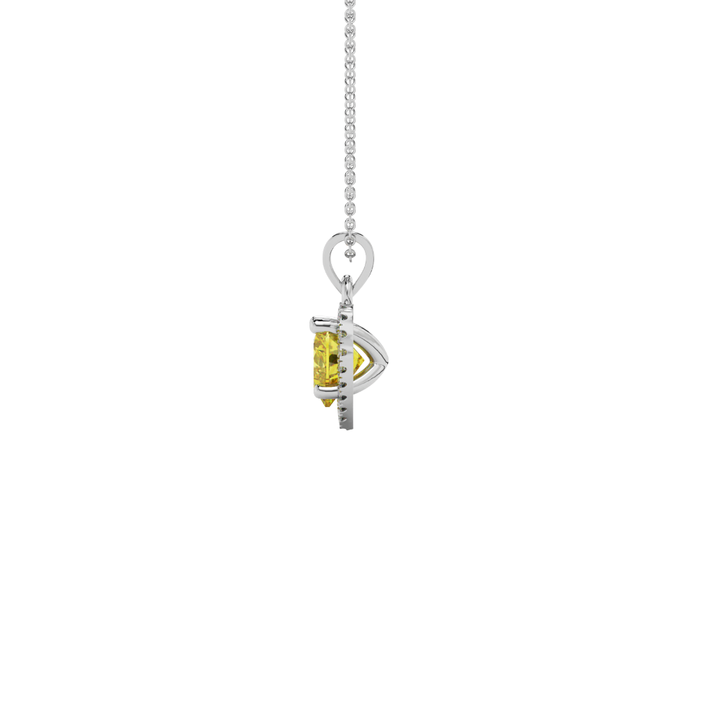 Side view of Canary Yellow heart cut gemstone halo pendant in white gold