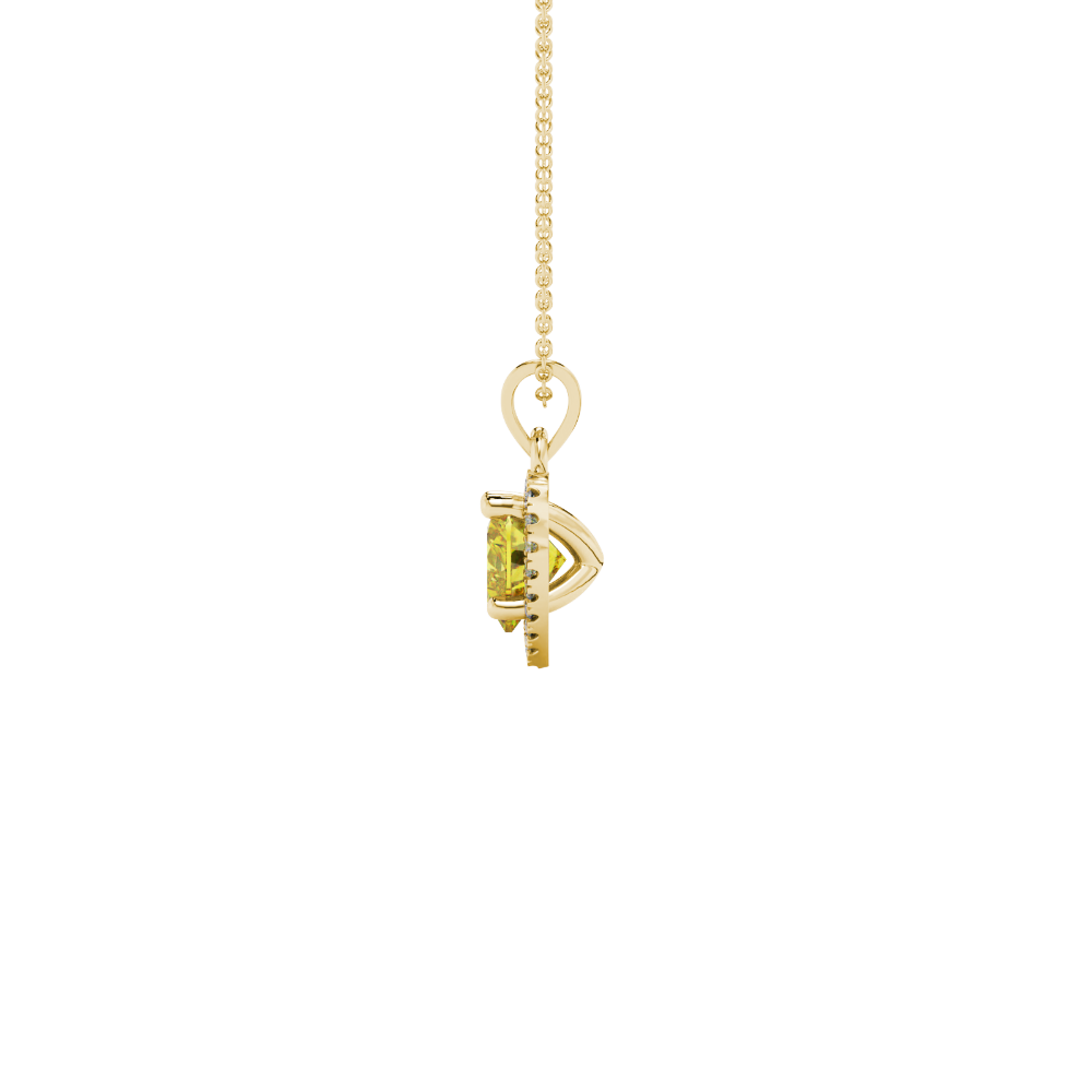 Side view of Canary Yellow heart cut gemstone halo pendant in yellow gold