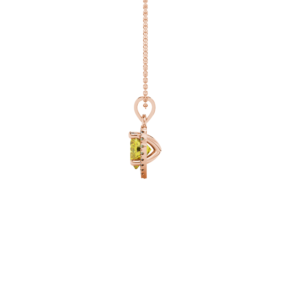 Side view of Canary Yellow heart cut gemstone halo pendant in rose gold