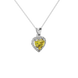 Close-up angled shot of Canary Yellow heart cut halo pendant in white gold