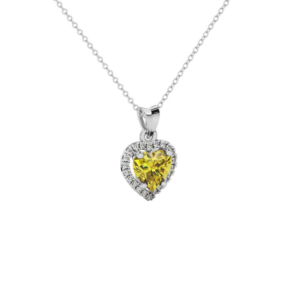 Close-up angled shot of Canary Yellow heart cut halo pendant in white gold