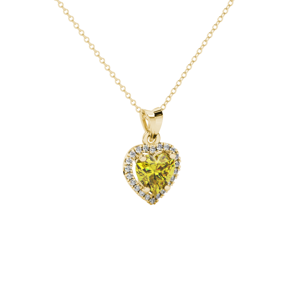 Close-up angled shot of Canary Yellow heart cut halo pendant in yellow gold