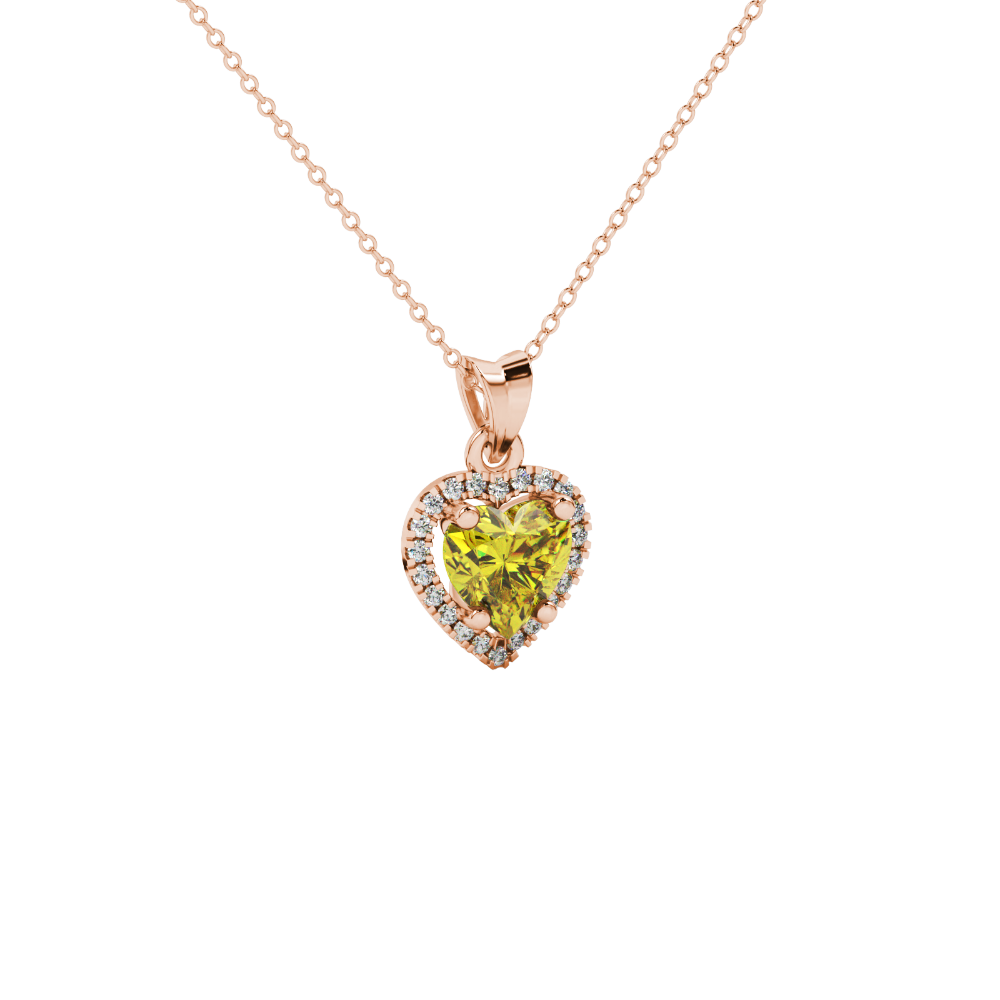 Close-up angled shot of Canary Yellow heart cut halo pendant in rose gold"