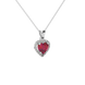 Close-up angled shot of Raspberry Red heart cut halo pendant in white gold