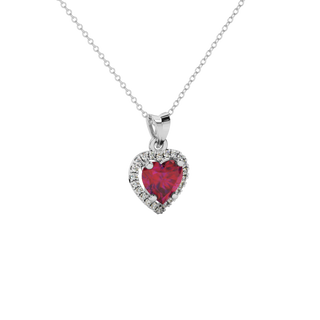 Close-up angled shot of Raspberry Red heart cut halo pendant in white gold"
