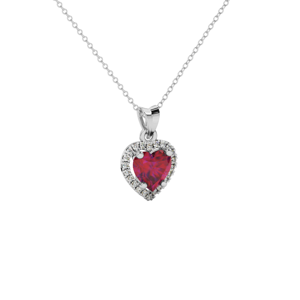 Close-up angled shot of Raspberry Red heart cut halo pendant in white gold