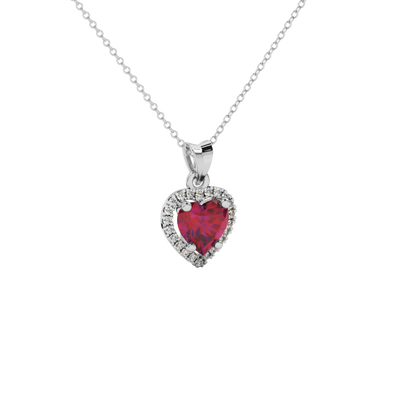 Close-up angled shot of Raspberry Red heart cut halo pendant in white gold"