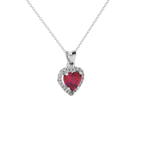 Close-up angled shot of Raspberry Red heart cut halo pendant in white gold"