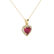 Close-up angled shot of Raspberry Red heart cut halo pendant in yellow gold