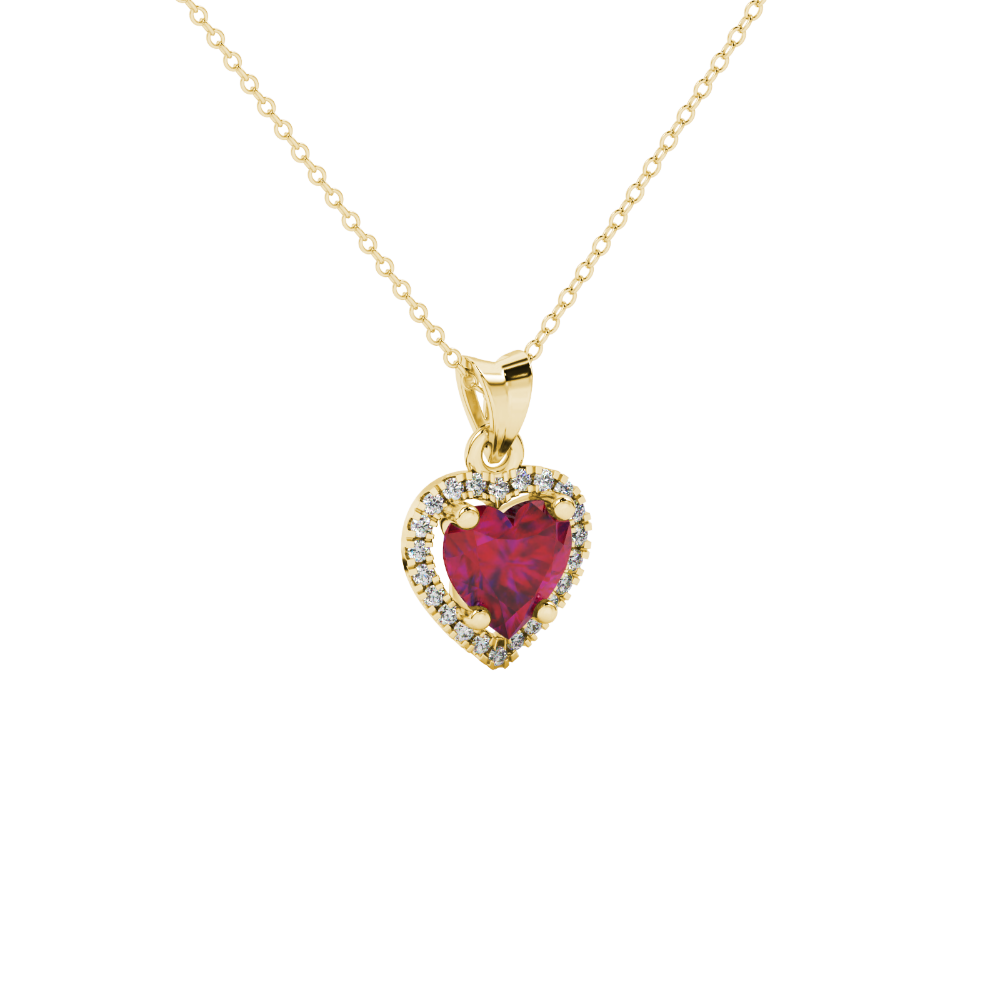 Close-up angled shot of Raspberry Red heart cut halo pendant in yellow gold