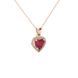 Close-up angled shot of Raspberry Red heart cut halo pendant in rose gold