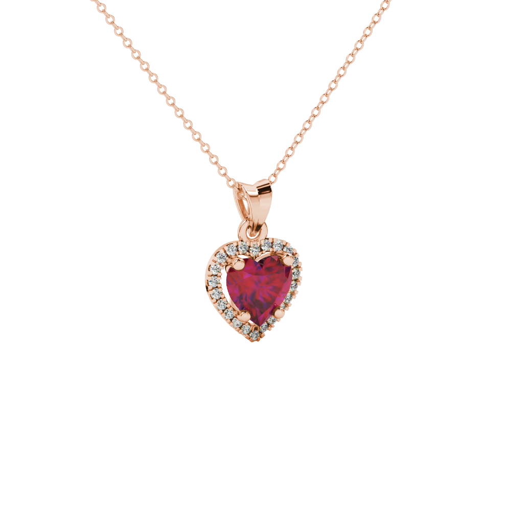 Close-up angled shot of Raspberry Red heart cut halo pendant in rose gold
