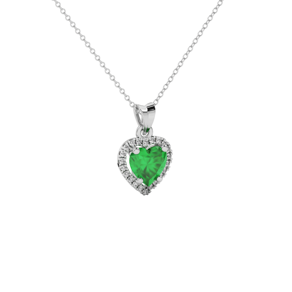 Close-up angled shot of Emerald Green heart cut halo pendant in white gold
