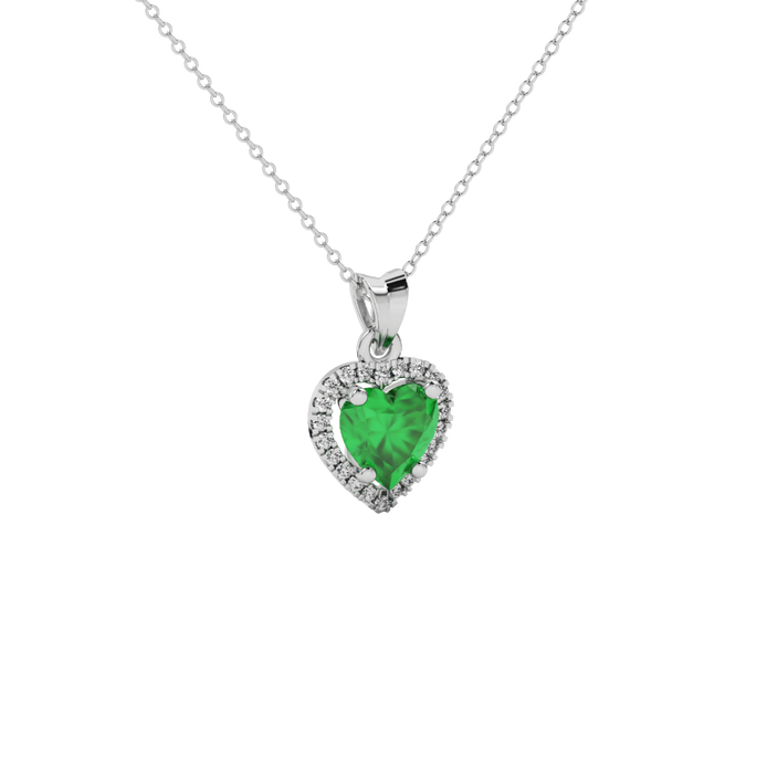 Close-up angled shot of Emerald Green heart cut halo pendant in white gold