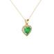 Close-up angled shot of Emerald Green heart cut halo pendant in yellow gold