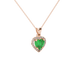 Close-up angled shot of Emerald Green heart cut halo pendant in rose gold