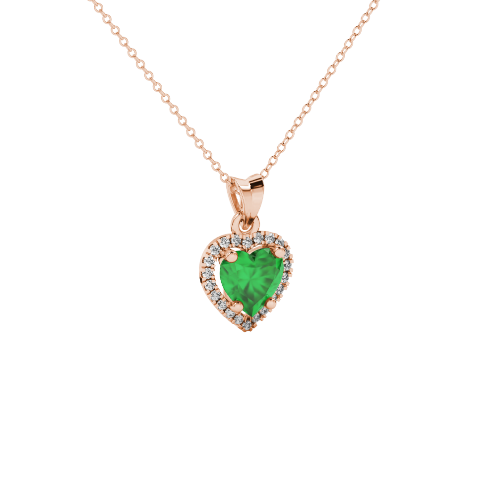 Close-up angled shot of Emerald Green heart cut halo pendant in rose gold