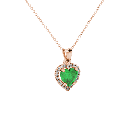 Close-up angled shot of Emerald Green heart cut halo pendant in rose gold